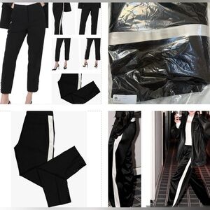 BURBERRY FASHION FORWARD WHITE SILK STRIPE BLACK WOOL PANTS